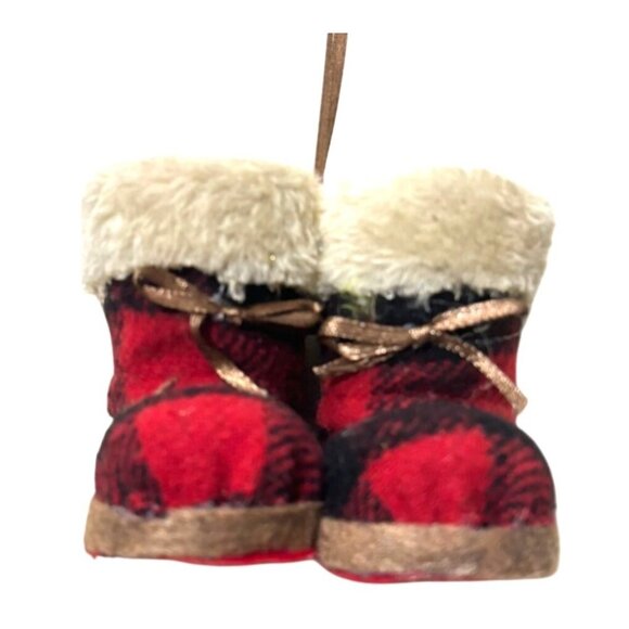 Vintage Babies' First Christmas Miniature Plaid Fur-Lined Boot Ornament - Picture 1 of 10